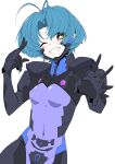  1girl antenna_hair armored_bodysuit blue_hair bodysuit brown_eyes covered_navel fortified_suit highres impossible_bodysuit impossible_clothes kamon_rider looking_at_viewer muv-luv muv-luv_alternative pilot_suit purple_bodysuit science_fiction see-through_bodysuit short_hair skin_tight smile solo yoroi_mikoto 