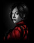  1girl ada_wong breasts commentary from_side highres krystine_art large_breasts partially_colored profile realistic red_sweater resident_evil resident_evil_4 resident_evil_4_(remake) solo sweater turtleneck turtleneck_sweater twitter_username 