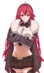  1girl aged_up ahoge black_hairband brown_coat brown_shorts coat crossed_bangs eris_greyrat fur-trimmed_coat fur_trim hairband highres hiirouki hood hooded_coat long_hair looking_at_viewer midriff mushoku_tensei navel red_eyes red_hair shorts simple_background solo standing white_background 