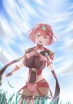  1girl :d absurdres blush breasts cloud cloudy_sky core_crystal_(xenoblade) covered_navel cowboy_shot drop_earrings earrings fingerless_gloves gloves grass highres jewelry large_breasts looking_at_viewer pantyhose pink_thighhighs pyra_(xenoblade) red_eyes red_hair red_shorts short_hair shorts signature sky smile solo super_smash_bros. swept_bangs taro_(peach_taro51) thighhighs thighhighs_over_pantyhose tiara xenoblade_chronicles_(series) xenoblade_chronicles_2 