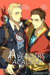  2boys animification arc_reactor armor avengers_academy belt black_belt black_jacket black_pants black_shirt blonde_hair blue_eyes blue_shirt blush book brown_belt brown_hair buttons character_name closed_mouth collarbone collared_jacket collared_shirt copyright_name hand_in_pocket jacket long_sleeves looking_at_viewer male_focus marvel minihardee multicolored_clothes multicolored_jacket multiple_boys open_clothes open_jacket pants pocket power_armor red_armor red_background red_jacket shirt short_hair simple_background smile star_(symbol) star_print steve_rogers t-shirt tony_stark v yellow_eyes yellow_jacket 