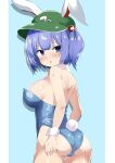 1girl 9150namihana absurdres animal_ears ass back blue_background blue_eyes blue_hair blue_leotard blush breasts commentary_request cowboy_shot detached_collar fake_animal_ears fake_tail flat_cap green_headwear hair_bobbles hair_ornament hat highres kawashiro_nitori large_breasts leotard looking_at_viewer looking_back open_mouth playboy_bunny rabbit_ears rabbit_tail shiny_skin solo strapless strapless_leotard tail touhou two-tone_background two_side_up white_background wrist_cuffs 