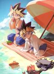  2boys absurdres animalization beach beach_towel beach_umbrella bird blue_shorts bright_pupils closed_mouth crab drinking fudou_yuusei highres kneeling male_focus multiple_boys mutou_yuugi namikaze_(dobbyka) open_clothes open_shirt orange_wristband purple_eyes seagull shirt shorts spiked_hair summer sunglasses tomato topless_male towel towel_around_neck trading_card tsukumo_yuuma umbrella whistle whistle_around_neck white_pupils white_shirt yami_yuugi yu-gi-oh! yu-gi-oh!_5d&#039;s yu-gi-oh!_duel_monsters yu-gi-oh!_gx yuuki_juudai 