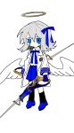  1girl absurdres angel angel_wings asymmetrical_legwear badge black_socks black_thighhighs blue_bow blue_bowtie blue_eyes blue_footwear blue_sky bow bowtie chinese_commentary coat coattails collared_shirt commentary_request cross crying crying_with_eyes_open dual_wielding full_body grey_hair hair_bow halo high_collar highres holding holding_sword holding_weapon kneehighs layered_sleeves long_sleeves medium_hair miniskirt mismatched_legwear no_mouth open_clothes open_coat original pleated_skirt shirt shoes simple_background single_kneehigh single_sock single_thighhigh skirt sky socks solo sword teardrop tears thighhighs tiankong_yiji weapon white_background white_coat white_shirt white_sleeves white_wings wings yellow_halo 