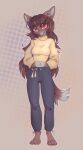  2023 anthro blep breasts brown_body brown_fur canid canine clothing digital_media_(artwork) feet female fox full-length_portrait fur grey_body grey_fur hi_res looking_at_viewer mammal midriff navel paws portrait solo standing sweater tongue tongue_out topwear yshanii 