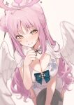  1girl 1yu_x angel_wings blue_archive blush breasts china_dress chinese_clothes cleavage closed_mouth cowboy_shot dress feathered_wings from_above hair_bun halo highres large_breasts long_hair looking_at_viewer mika_(blue_archive) pink_hair pink_halo short_sleeves simple_background single_side_bun solo white_background white_dress white_wings wings yellow_eyes 