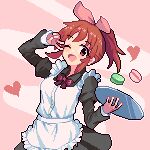  1girl abe_nana apron black_dress blush bow bowtie breasts brown_eyes brown_hair dress food frilled_apron frills hair_bow hair_ribbon hands_up heart holding holding_tray idolmaster idolmaster_cinderella_girls idolmaster_cinderella_girls_starlight_stage long_sleeves looking_at_viewer macaron medium_breasts naka-chan one_eye_closed open_mouth pink_background pink_ribbon pixel_art ponytail puffy_long_sleeves puffy_sleeves red_bow red_bowtie ribbon short_hair smile solo tray v white_apron 