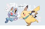  animal_focus arm_up bandana black_eyes blue_bandana blush_stickers commentary_request froakie frog grey_background hideko_(l33l3b) highres holding_hands jumping no_humans one_eye_closed open_mouth pikachu pokemon pokemon_(creature) pokemon_mystery_dungeon running simple_background smile striped_bandana sweatdrop translation_request 