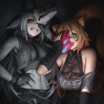  2girls animal_ear_fluff animal_ears bandaid bandaid_on_face bandaid_on_nose bare_shoulders belt belt_collar black_belt black_gloves blonde_hair blue_eyes breasts cat_ears cat_girl cat_tail chest_belt cleavage clenched_teeth collar cropped_jacket dyarikku_(vtuber) facial_mark fang fox_ears fox_girl fox_mask gloves grey_eyes grey_gloves grey_hair grey_jacket grey_shirt highres holding holding_mask indie_virtual_youtuber jacket large_breasts leaning_forward long_hair mask multiple_girls navel numanoan obkatiekat off_shoulder open_clothes open_jacket parted_lips partially_fingerless_gloves pink_hair second-party_source see-through see-through_cleavage shirt slit_pupils tail teeth torn_clothes torn_shirt vyugen whisker_markings 