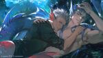  2boys archer_(fate) bite_mark black_shirt blue_hair cu_chulainn_(fate) earrings fate/stay_night fate_(series) fins grey_hair grimace grin hand_on_another&#039;s_back hand_on_own_head head_fins highres jewelry lofter_username long_hair looking_at_viewer male_focus merman monster_boy multiple_boys namikaze_(dobbyka) orange_eyes pectorals shirt signature smile topless_male underwater yaoi 