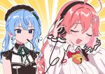  2girls ahoge bell beret black_headwear blue_eyes blue_hair bow bow_earrings closed_eyes collared_shirt earrings emphasis_lines frilled_sleeves frills green_ribbon hair_ornament hairclip hat headphones highres hololive hoshimachi_suisei hoshimachi_suisei_(3rd_costume) jewelry jingle_bell lace-trimmed_sleeves lace_trim long_hair long_sleeves multiple_girls neck_bell neck_ribbon red_hair ribbon sakura_miko sakura_miko_(3rd_costume) shirt short_sleeves soh_himitsuki upper_body virtual_youtuber white_shirt 