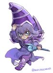  1boy absurdres arm_up armor blue_eyes bright_pupils chibi closed_mouth dark_magician duel_monster eyelashes full_body hat highres holding holding_staff long_hair looking_at_viewer male_focus namikaze_(dobbyka) purple_armor purple_hair purple_headwear purple_robe robe simple_background solo staff twitter_username white_background white_pupils wizard_hat yu-gi-oh! yu-gi-oh!_duel_monsters 