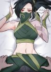  ... 1boy 1girl absurdres akali arm_tattoo black_hair breasts bulge crop_top from_above green_pants green_ribbon hair_ribbon hands_up highres large_breasts league_of_legends long_hair looking_at_viewer lying mouth_veil navel on_back pants pillow pillow_grab ribbon shoulder_tattoo solo_focus solssi spoken_ellipsis stomach tattoo veil 