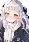  1girl black_ribbon blush choppy_bangs coat earrings eyelashes heart heart_earrings highres hololive jewelry light_particles long_hair looking_at_viewer mei_am0 murasaki_shion portrait pout ribbon scarf solo twintails virtual_youtuber white_background white_hair white_scarf winter_clothes winter_coat yellow_eyes 