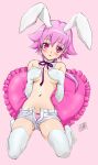 1girl absurdres animal_ears blush breasts covering_breasts covering_privates elbow_gloves fake_animal_ears gloves highres kabashima_yousuke looking_at_viewer medium_breasts navel open_clothes open_fly open_shorts panties pink_eyes pink_hair pink_panties rabbit_ears shishidou_akiha short_hair short_shorts shorts solo sora_wo_kakeru_shoujo striped striped_panties thighhighs topless underwear unzipped white_shorts white_thighhighs 
