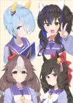  4girls animal_ears black_hair blue_hair blush brown_hair closed_mouth commentary_request daiichi_ruby_(umamusume) daitaku_helios_(umamusume) fang hair_ornament hair_over_one_eye hairclip highres horse_ears k.s.miracle_(umamusume) long_hair looking_at_viewer medium_hair mochidesuna multiple_girls open_mouth school_uniform short_hair simple_background smile tracen_school_uniform umamusume v yamanin_zephyr_(umamusume) 