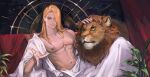  1boy absurdres animal bare_pectorals blonde_hair blue_eyes collarbone eyelashes final_fantasy final_fantasy_xiv forehead_jewel hair_over_one_eye highres large_pectorals light_smile lion looking_at_viewer male_focus namikaze_(dobbyka) navel nipples open_clothes open_robe pectorals petting plant red_curtains robe signature sitting smile solo white_robe zenos_yae_galvus 