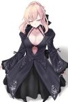  1girl absurdres artoria_pendragon_(fate) black_dress black_ribbon blonde_hair braid breasts cleavage collarbone dress fate/grand_order fate_(series) french_braid hair_bun hair_ribbon highres long_hair long_sleeves medium_breasts nigori_(keydoor) ribbon saber_alter sidelocks solo yellow_eyes 