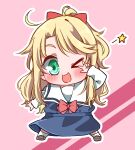 &gt;_o 1girl :3 blonde_hair blue_dress blush bow bowtie chibi commentary_request dress green_eyes hair_bow highres himesaka_noa kashikaze long_hair long_sleeves one_eye_closed open_mouth outline pink_background red_bow red_bowtie sailor_collar sidelocks solo v v_over_eye watashi_ni_tenshi_ga_maiorita! white_outline white_sailor_collar 