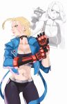  1girl absurdres antenna_hair black_choker black_gloves black_pants black_tank_top blonde_hair blue_eyes blue_jacket breasts cammy_white choker cleavage collarbone commentary cowboy_shot cropped_jacket doodle_inset eyelashes gloves highres iago_fn jacket midriff multiple_views navel open_clothes open_jacket pants short_hair simple_background solo street_fighter street_fighter_6 tank_top v-shaped_eyebrows white_background yoga_pants 