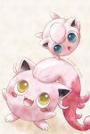  :o animal_focus artist_name blue_eyes colored_skin commentary_request fangs highres jigglypuff no_humans open_mouth pink_skin pokemon pokemon_(creature) remedy_matome scream_tail twitter_username white_background yellow_eyes 