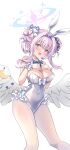  1girl angel_wings animal_ears blue_archive blue_bow blue_bowtie blush bow bowtie breasts cleavage covered_navel detached_collar fake_animal_ears feathered_wings feet_out_of_frame flower hair_bun hair_flower hair_ornament halo highres ichiyou_moka large_breasts leotard long_hair looking_at_viewer mika_(blue_archive) open_mouth pantyhose pink_hair pink_halo purple_flower rabbit_ears simple_background single_side_bun smile solo strapless strapless_leotard white_background white_leotard white_pantyhose white_wings wings yellow_eyes 