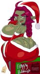  absurd_res big_butt biped bottomwear braided_hair breasts butt christmas christmas_clothing christmas_headwear cleavage clothed clothing cross_samax female freckles goblin green_body green_skin hair hat headgear headwear hi_res holidays huge_butt humanoid legwear looking_at_viewer looking_back looking_back_at_viewer not_furry pupils santa_hat skirt smile solo thigh_highs 