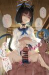  1boy 1girl animal_ears bar_censor black_hair blue_archive blue_nails blue_neckerchief blunt_ends bob_cut bottomless cat_ears cat_tail ceiling censored choker commentary_request crop_top erection false_smile femdom girl_on_top glansjob handjob hetero highres indoors kikyou_(blue_archive) long_sleeves looking_at_viewer male_pubic_hair mikunatsu multiple_tails nail_polish neckerchief orgasm_denial parted_lips penis penis_ribbon pink_eyes pov pov_crotch pov_hands pubic_hair ribbon ribbon_choker school_uniform serafuku shaded_face short_hair sitting sitting_on_person smile solo_focus sound_effects speech_bubble straddling tail translation_request twitching_penis two-handed_handjob two_tails white_serafuku 