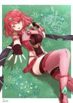  1girl absurdres blush breasts core_crystal_(xenoblade) covered_navel drop_earrings earrings fingerless_gloves gloves grass highres jewelry large_breasts looking_at_viewer pink_thighhighs pyra_(xenoblade) reaching reaching_towards_viewer red_eyes red_hair red_shorts short_hair short_shorts shorts signature smile solo swept_bangs taro_(peach_taro51) thighhighs tiara xenoblade_chronicles_(series) xenoblade_chronicles_2 