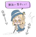  1girl :3 absurdres blonde_hair blue_headwear blue_necktie blue_skirt blush braid brown_jacket chibi commentary_request crown_braid highres jacket kashikaze long_sleeves love_live! love_live!_sunshine!! necktie ohara_mari open_mouth round_eyewear sidelocks single_hair_ring skirt solo translation_request 