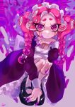  1girl absurdres apron black_footwear commentary dot_mouth dot_nose drill_hair eyelashes full_body halloween_costume head_rest highres long_hair low-tied_long_hair maid_apron maid_headdress octoling octoling_girl payayo884 pink_eyes pink_hair purple_background purple_nails solo splatoon_(series) squatting stitches symbol-only_commentary tentacle_hair thick_eyebrows twin_drills twintails 