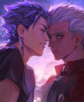  2boys archer_(fate) black_shirt blue_hair brown_eyes coat cu_chulainn_(fate) dawn earrings eyelashes fate/stay_night fate_(series) grey_hair grin highres imminent_kiss jewelry looking_at_viewer male_focus multiple_boys namikaze_(dobbyka) outdoors red_coat shirt short_hair signature smile yaoi 