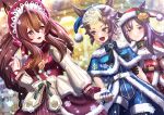  3girls ahoge alternate_costume alternate_hairstyle animal_ears belt black_hair blush bonnet brown_hair christmas gloves hat holding_hands horse_ears horse_girl looking_at_viewer mejiro_bright_(umamusume) mejiro_dober_(umamusume) mejiro_ryan_(umamusume) multiple_girls open_mouth otono_(bkt4b) santa_hat short_hair shorts smile snow twintails umamusume 