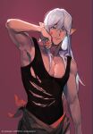  1boy absurdres arm_at_side armpits black_tank_top blood blood_on_face blue_eyes brown_pants elezen elf estinien_varlineau final_fantasy final_fantasy_xiv hair_between_eyes highres lofter_username long_hair looking_at_viewer male_focus namikaze_(dobbyka) pants pectorals pointy_ears red_background shirt simple_background tank_top toned toned_male torn_clothes torn_shirt white_hair wiping_face 