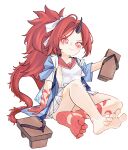  1girl barefoot blue_archive chaosexceed dragon_girl dragon_tail feet geta highres holding_sandals horns long_hair ponytail red_eyes red_hair red_tail renge_(blue_archive) ribbon sandals simple_background single_horn smile soles solo tail toenails toes unworn_sandals white_background white_ribbon 