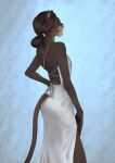  2020 anthro bare_back bethesda_softworks biped blue_background brown_body brown_fur claws clothing dress dunoruno facial_piercing facial_scar felid feline female finger_claws forehead_gem fur furgonomics hair hi_res inner_ear_fluff jewelry khajiit long_hair looking_back mammal nose_piercing orange_eyes paws piercing rear_view red_eyes scar simple_background solo string_bow tail the_elder_scrolls tied_hair tuft whiskers white_body white_clothing white_dress white_fur 