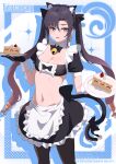  1girl alternate_costume animal_ears aoi_suzu apron bell black_bow black_gloves black_hair black_hairband black_shirt black_skirt blue_eyes bow bowtie breasts brown_pantyhose cake cake_slice cat_ears cat_tail cleavage crop_top detached_collar drop_shadow earrings enmaided fake_animal_ears food frilled_shirt frilled_skirt frills genshin_impact gloves gradient_hair hair_bow hairband highres jewelry jingle_bell long_hair looking_at_viewer maid maid_apron medium_breasts midriff miniskirt mona_(genshin_impact) multicolored_hair navel open_mouth pantyhose parted_bangs shirt short_sleeves sidelocks skirt solo stomach sweatdrop tail tail_bow tail_ornament twintails very_long_hair waist_apron 
