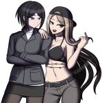  2girls absurdres alternate_costume belt black_belt black_gloves black_hair black_lips black_nails blonde_hair borrowed borrowed_character bra brown_pants brown_skirt choker commission danganronpa_(series) danganronpa_3_(anime) fulltimeangel13 gloves highres ikusaba_mukuro long_eyebrows multiple_girls pants skirt tagme underwear white_background 