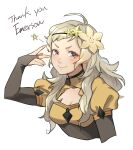  absurdres ahoge alternate_costume blonde_hair breasts bridal_gauntlets commission fire_emblem fire_emblem_fates flower grey_eyes hair_flower hair_ornament highres long_hair looking_at_viewer medium_breasts misokatsuhaumai ophelia_(fire_emblem) swept_bangs upper_body w 