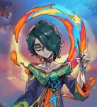  1boy collarbone green_hair hair_over_one_eye holding holding_brush hwei_(league_of_legends) leaf league_of_legends long_sleeves looking_at_viewer male_focus outdoors paint parted_lips phantom_ix_row red_eyes solo upper_body 