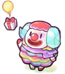  1boy animal_crossing arm_up balloon blue_horns clown clown_nose doradorakingyo facial_mark furry furry_male gift heart heart_facial_mark hooves horns male_focus open_mouth pietro_(animal_crossing) purple_scarf reaching scarf sheep_horns solid_oval_eyes solo teardrop_facial_mark white_background 