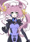  1girl armored_bodysuit black_bodysuit bodysuit covered_navel fortified_suit green_eyes hair_ears hair_intakes hair_ribbon highres impossible_bodysuit impossible_clothes kamon_rider long_hair muv-luv muv-luv_alternative pilot_suit pink_hair purple_bodysuit ribbon science_fiction skin_tight smile solo tamase_miki twintails very_long_hair 