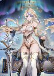  1girl artist_request aurora bare_shoulders blonde_hair blue_eyes breasts cleavage commentary_request copyright_name covered_navel crown evertale floating floating_object gold_trim highres holding king_arthur_(evertale) large_breasts leotard logo long_hair looking_at_viewer multicolored_hair night night_sky official_art overskirt parted_lips petals purple_hair simple_background sky sleeveless star_(sky) starry_sky sword thighhighs thighs weapon wide_sleeves 