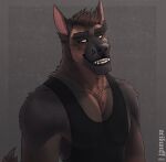 2021 acidwuff anthro artist_name black_clothing black_topwear brown_body brown_eyes brown_fur brown_hair bust_portrait canid chest_tuft clothed clothing dated fangs fur grin hair hi_res looking_aside male mammal neck_tuft portrait short_hair shoulder_tuft simple_background smile solo teeth topwear tuft 