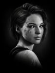  1girl artist_name commentary dirty dirty_face from_side highres jill_valentine krystine_art looking_at_viewer photorealistic portrait realistic resident_evil resident_evil_3:_nemesis resident_evil_3_(remake) scar scar_on_shoulder short_hair solo watermark 