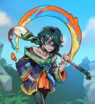  1boy blue_sky bush cloud collarbone cowboy_shot grass green_hair hair_over_one_eye hand_in_pocket holding holding_brush hwei_(league_of_legends) league_of_legends long_sleeves male_focus outdoors paint parted_lips phantom_ix_row red_eyes sky solo standing 