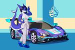 anthro big_breasts breasts car clothed clothing female ferrari ferrari_296_gt3 fish footwear gesture hi_res marine newt_trz partially_clothed race_car racing_suit shark shoes solo suzuka_takahashi tail thick_tail v_sign vehicle 