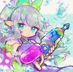  1girl bare_arms blue_eyes dangle_earrings doradorakingyo dress earrings elf eyelashes facial_mark green_ribbon grey_hair holding holding_water_gun jewelry looking_at_viewer nail_polish pointy_ears ponytail purple_dress purple_nails puyopuyo puyopuyo_quest ribbon solo water_drop water_gun yana_(puyopuyo) 