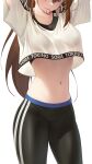  1girl absurdres arms_up blue_eyes breasts brown_hair crop_top hair_tie_in_mouth head_out_of_frame highres hololive_dance_practice_uniform long_hair medium_breasts mouth_hold pants shirt simple_background solo somebody_(leiking00) stomach tokino_sora tying_hair very_long_hair virtual_youtuber white_background white_shirt workout_clothes yoga_pants 