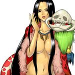  black_eyes black_hair boa_hancock breasts cleavage earrings highres jewelry kalua large_breasts long_hair necklace one_piece open_clothes open_robe robe salome_(one_piece) skull snake topless 
